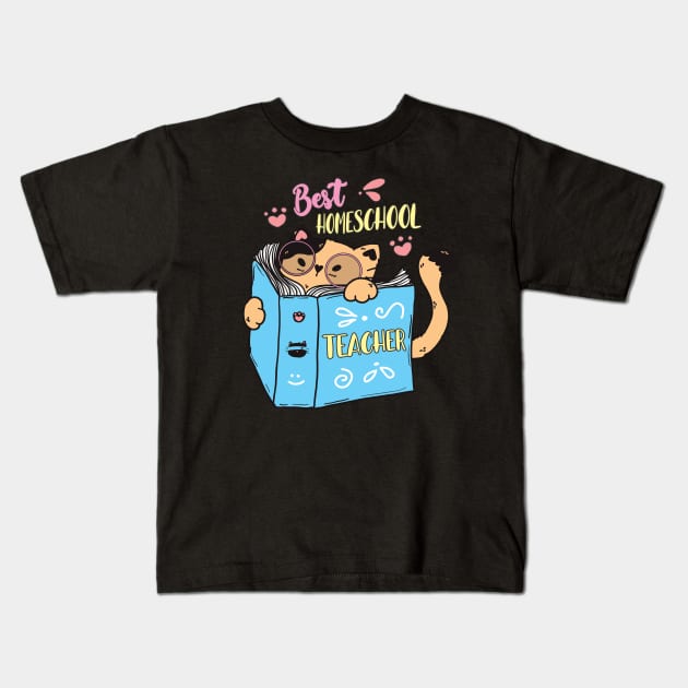 Cute Homeschool Teacher Cat Cartoon Kids T-Shirt by USProudness